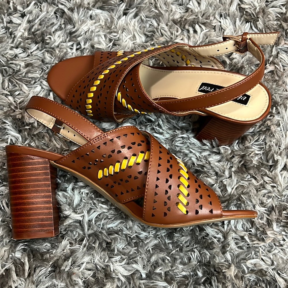 Violet & Red - Heeled Sandals With Yellow leather detailing - Size 8.5
